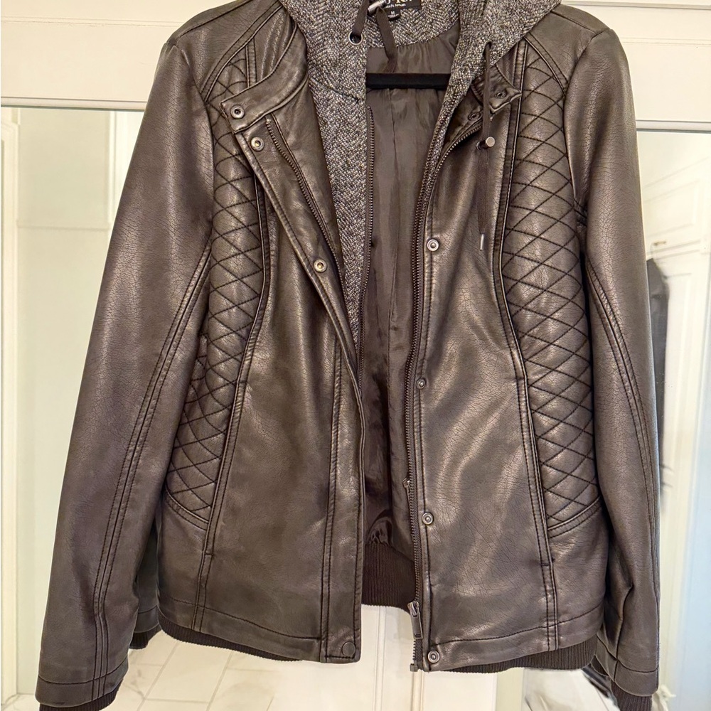 Women’s Quilted Faux Leather Hooded Jacket - Gray